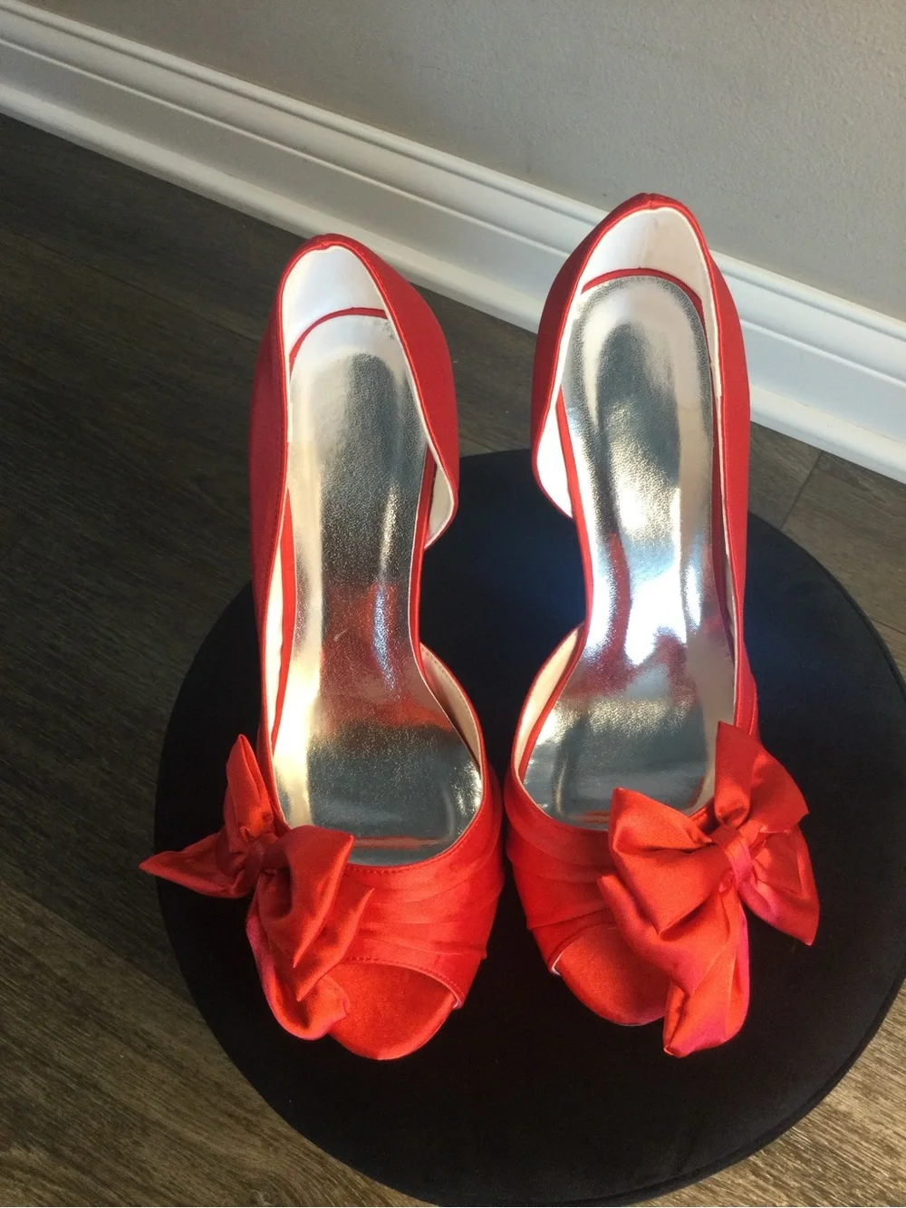 Satin Bow Peep-Toe Heels in Red